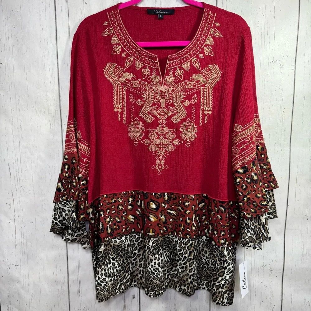 Calessa Red Embroidered Boho Leopard Tiered Tunic Top L Gypsy Festival Artsy